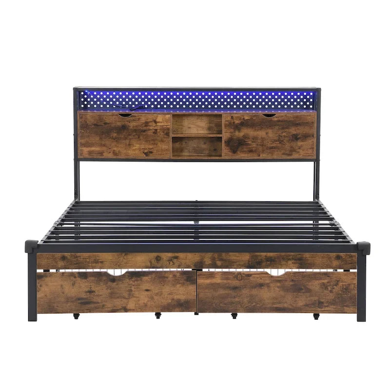 Cama de almacenamiento metálica tamaño king con luces LED y cabecero de madera