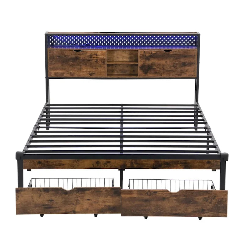 Cama de almacenamiento metálica tamaño king con luces LED y cabecero de madera