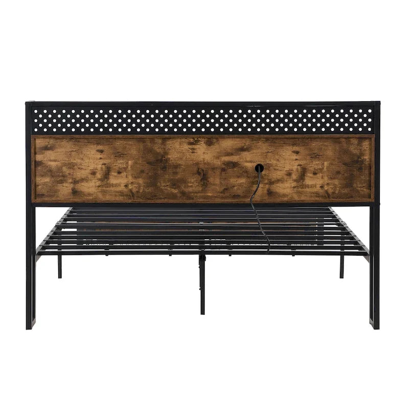 Cama de almacenamiento metálica tamaño king con luces LED y cabecero de madera