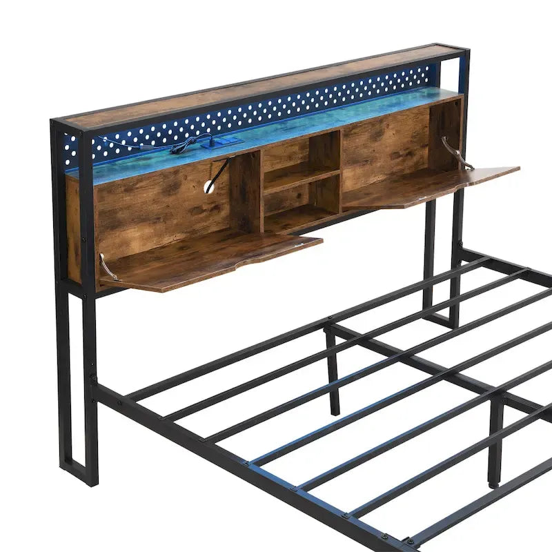 Cama de almacenamiento metálica tamaño king con luces LED y cabecero de madera