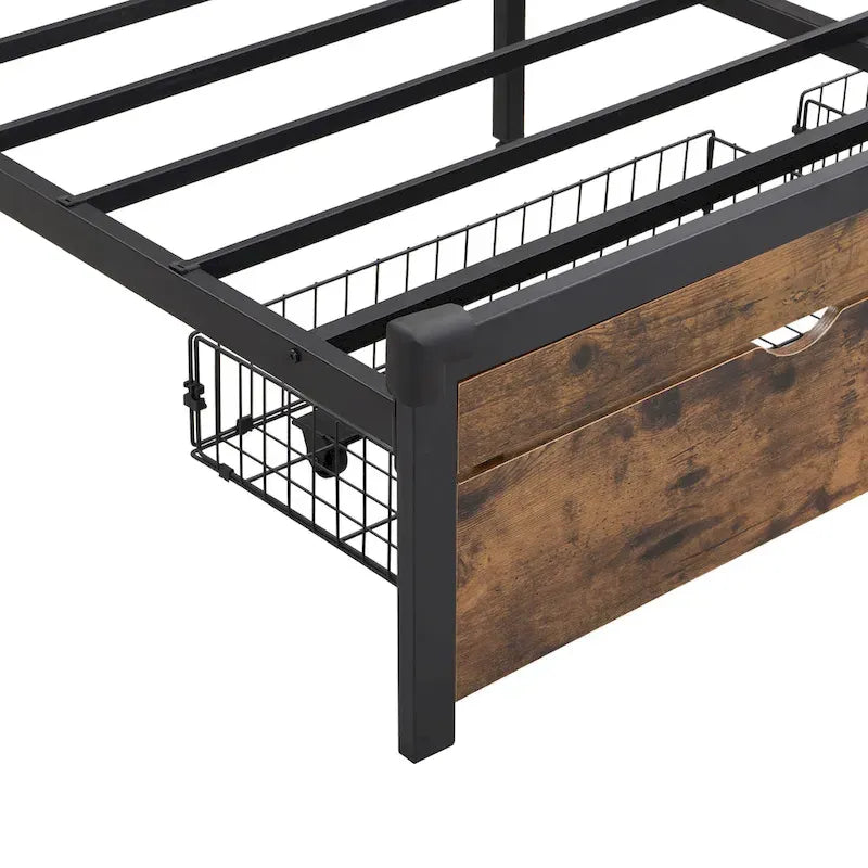 Cama de almacenamiento metálica tamaño king con luces LED y cabecero de madera