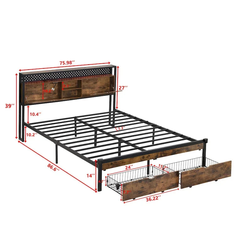 Cama de almacenamiento metálica tamaño king con luces LED y cabecero de madera