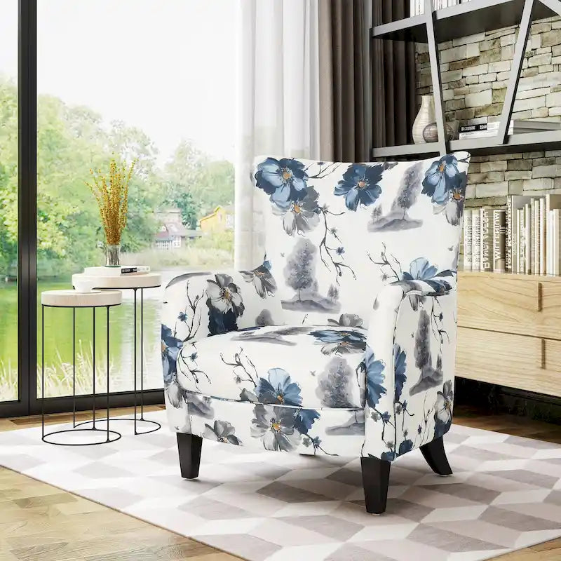 Sillón tapizado retro con estampado y respaldo alto, con patas de madera