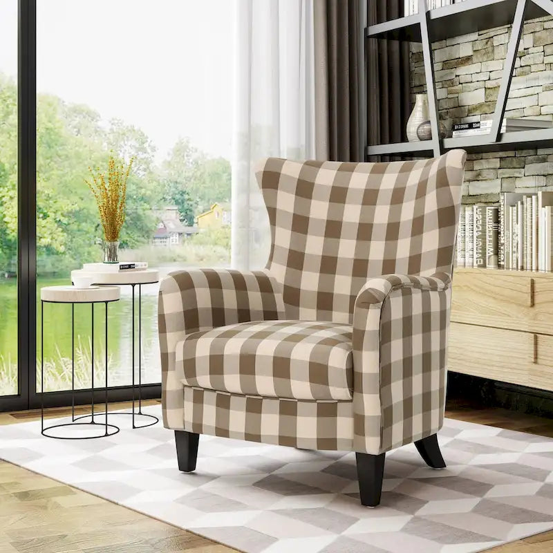Sillón tapizado retro con estampado y respaldo alto, con patas de madera