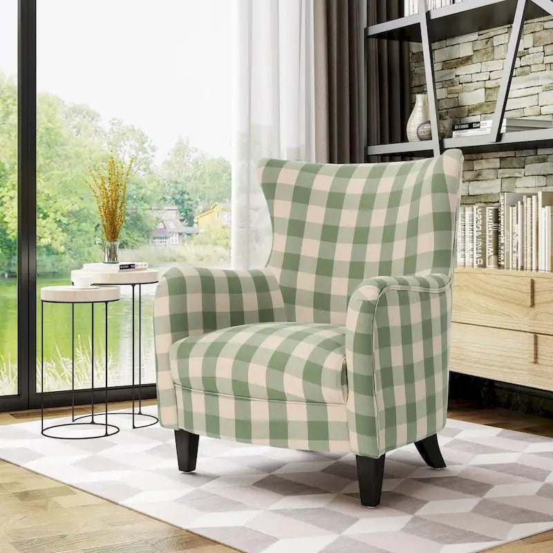Sillón tapizado retro con estampado y respaldo alto, con patas de madera