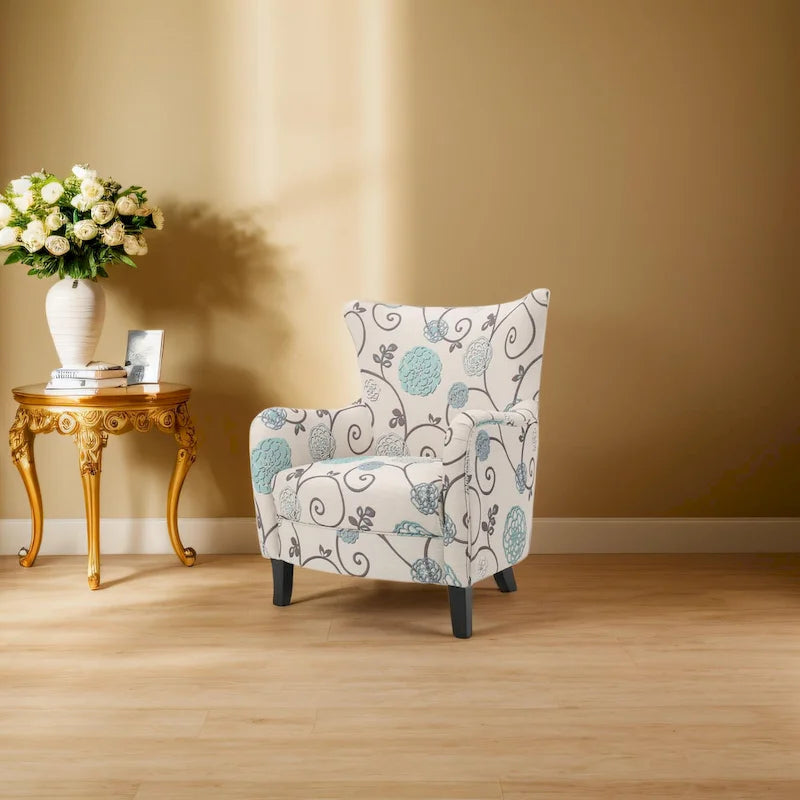 Ρετρό επενδεδυμένη πολυθρόνα με σχέδια, ψηλή πλάτη και ξύλινα πόδια
