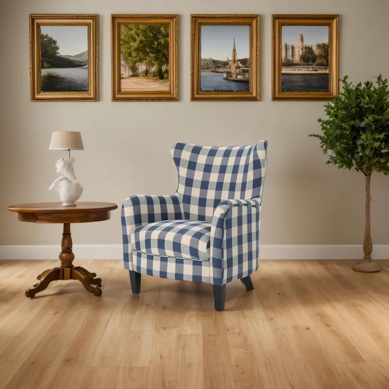Ρετρό επενδεδυμένη πολυθρόνα με σχέδια, ψηλή πλάτη και ξύλινα πόδια