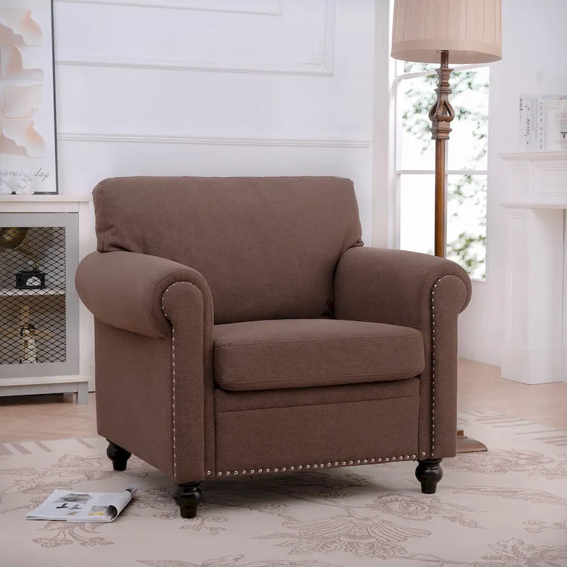 Brown Upholstered Accent Chair with Rolled Arms and Nailhead Trim