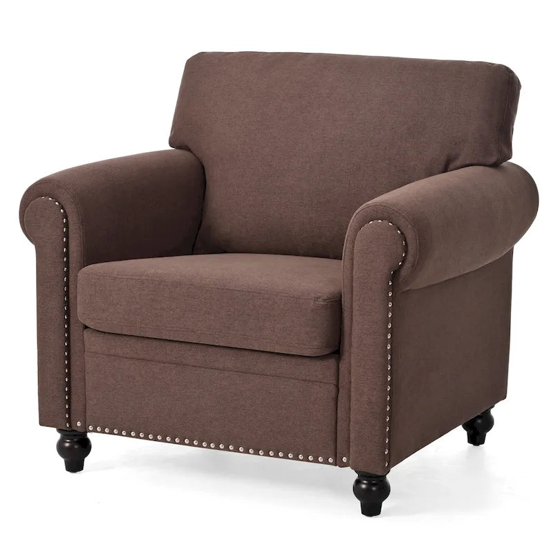 Brown Upholstered Accent Chair with Rolled Arms and Nailhead Trim