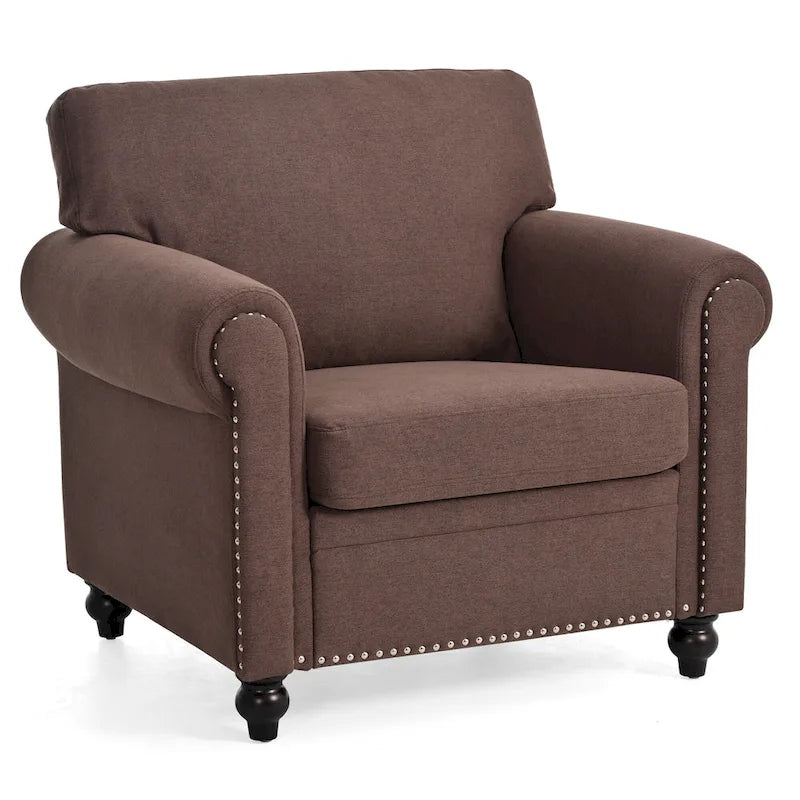 Brown Upholstered Accent Chair with Rolled Arms and Nailhead Trim