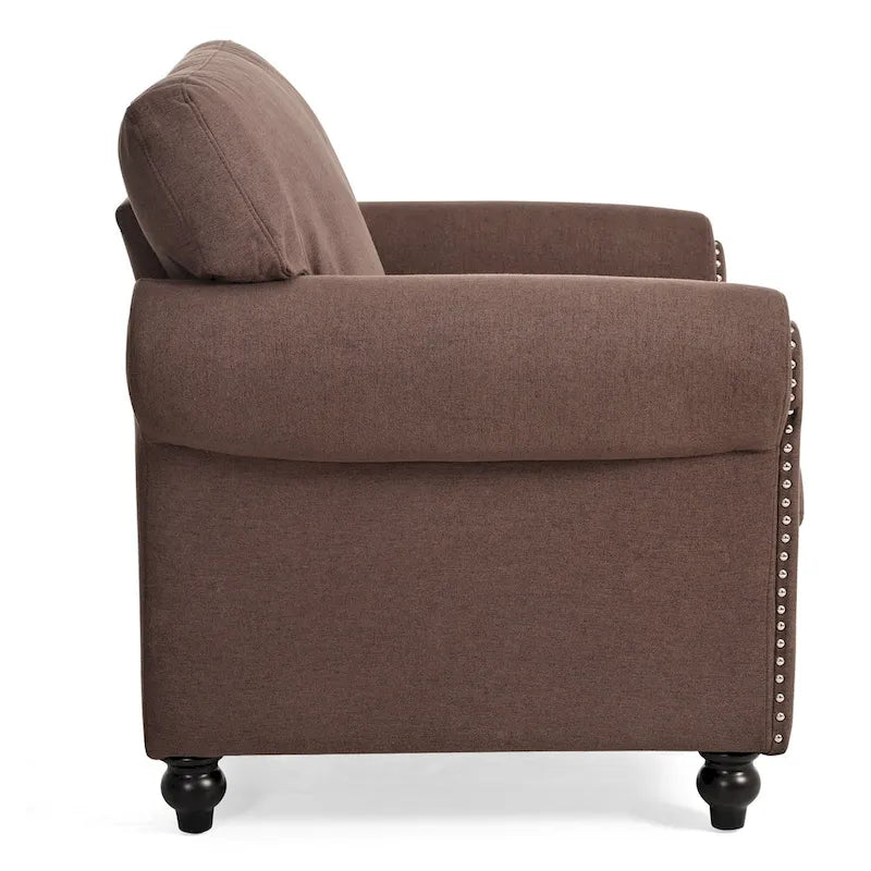 Brown Upholstered Accent Chair with Rolled Arms and Nailhead Trim