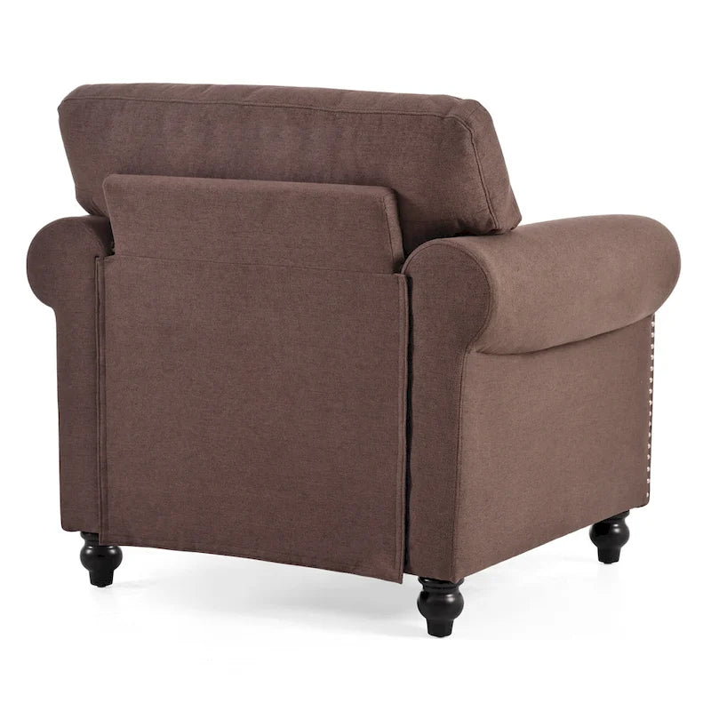 Brown Upholstered Accent Chair with Rolled Arms and Nailhead Trim