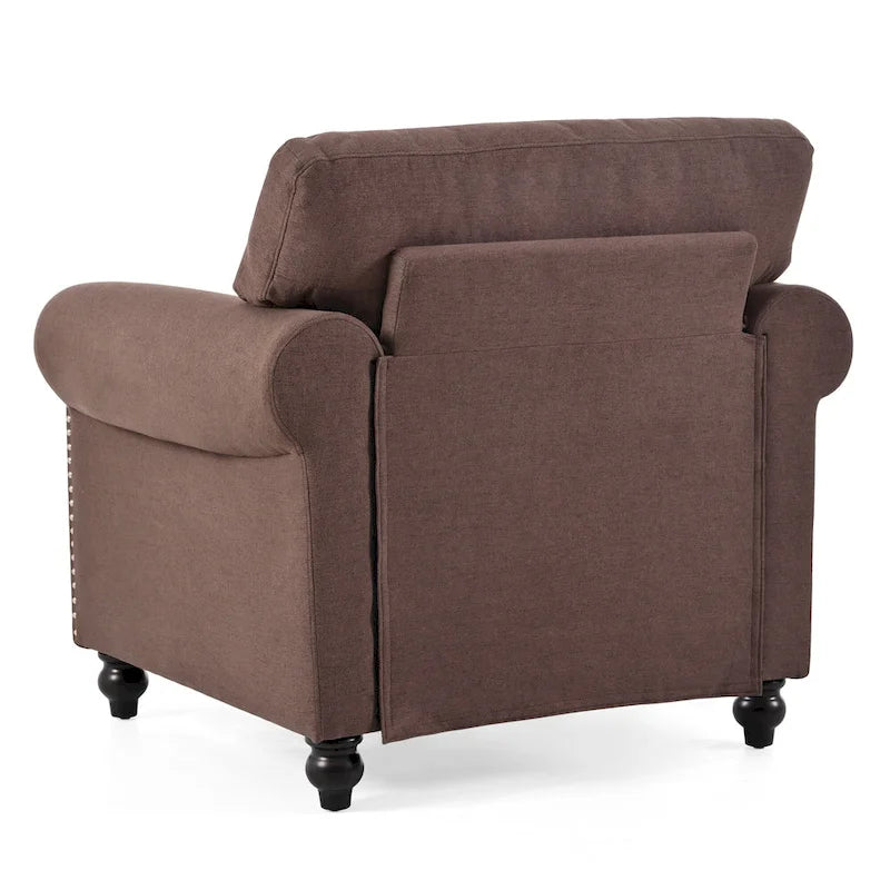 Brown Upholstered Accent Chair with Rolled Arms and Nailhead Trim