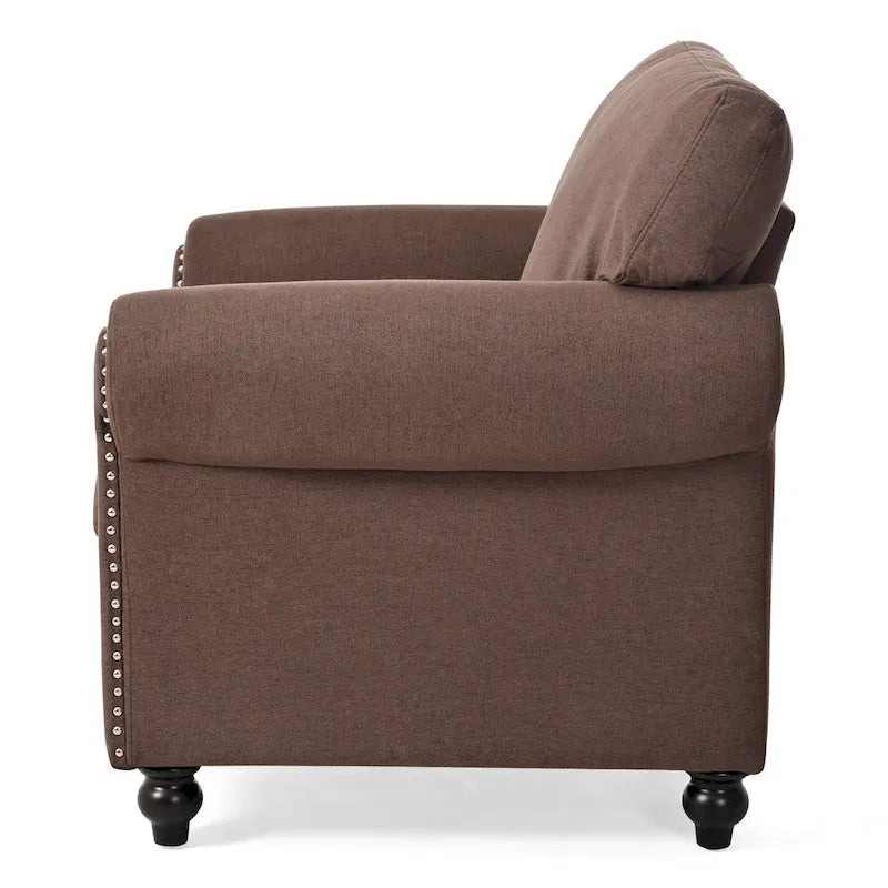 Brown Upholstered Accent Chair with Rolled Arms and Nailhead Trim