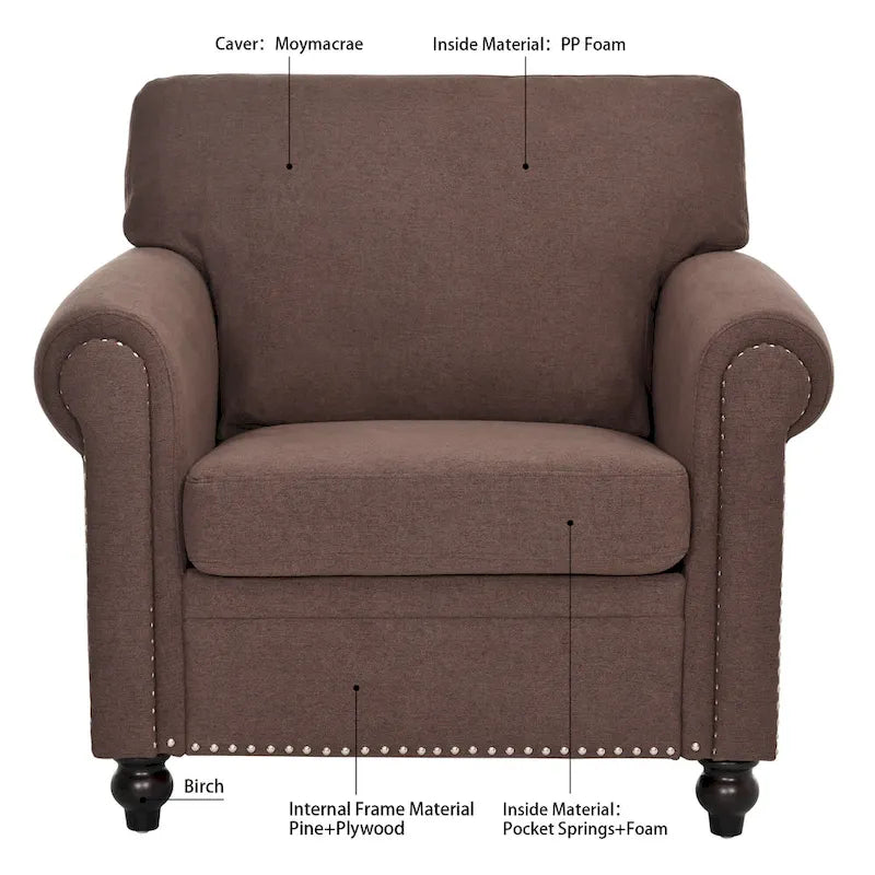 Brown Upholstered Accent Chair with Rolled Arms and Nailhead Trim