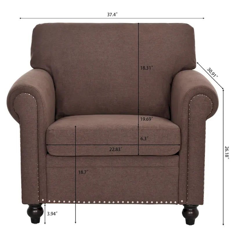 Brown Upholstered Accent Chair with Rolled Arms and Nailhead Trim