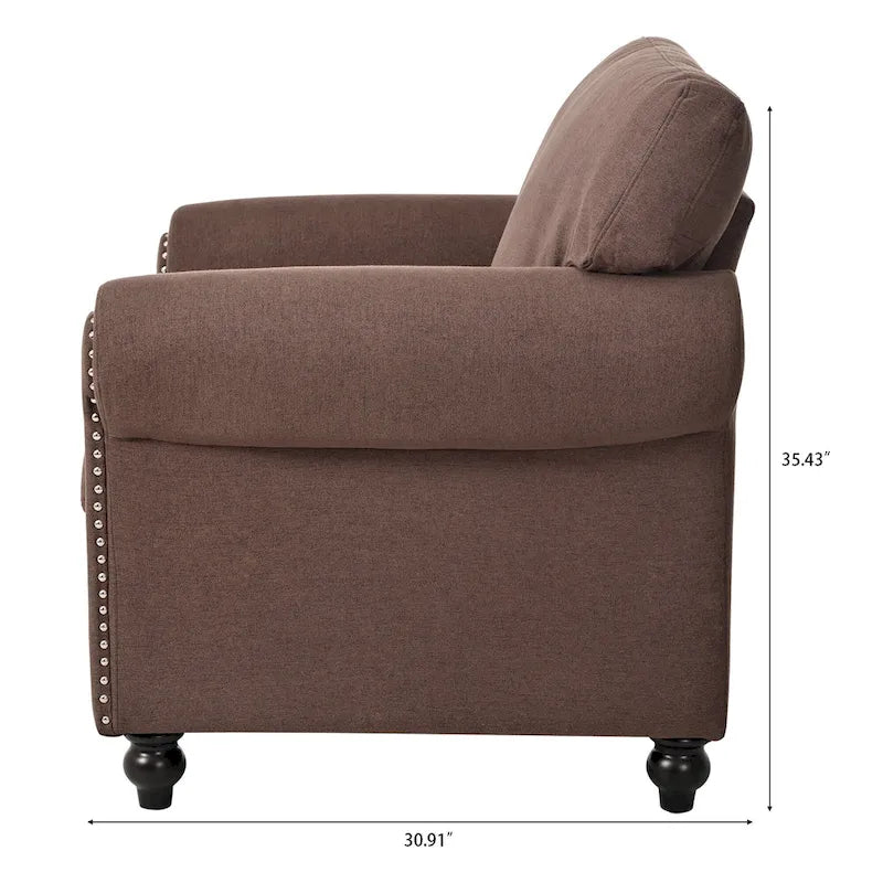Brown Upholstered Accent Chair with Rolled Arms and Nailhead Trim