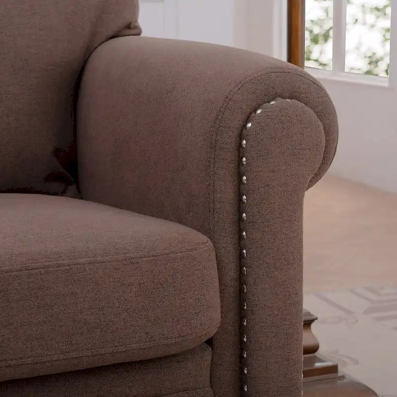 Brown Upholstered Accent Chair with Rolled Arms and Nailhead Trim