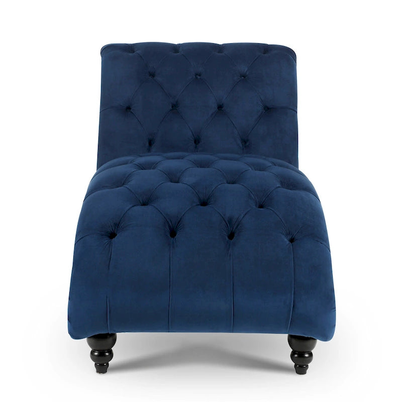Chaise longue azul con capitoné de botones y ribete de tachuelas