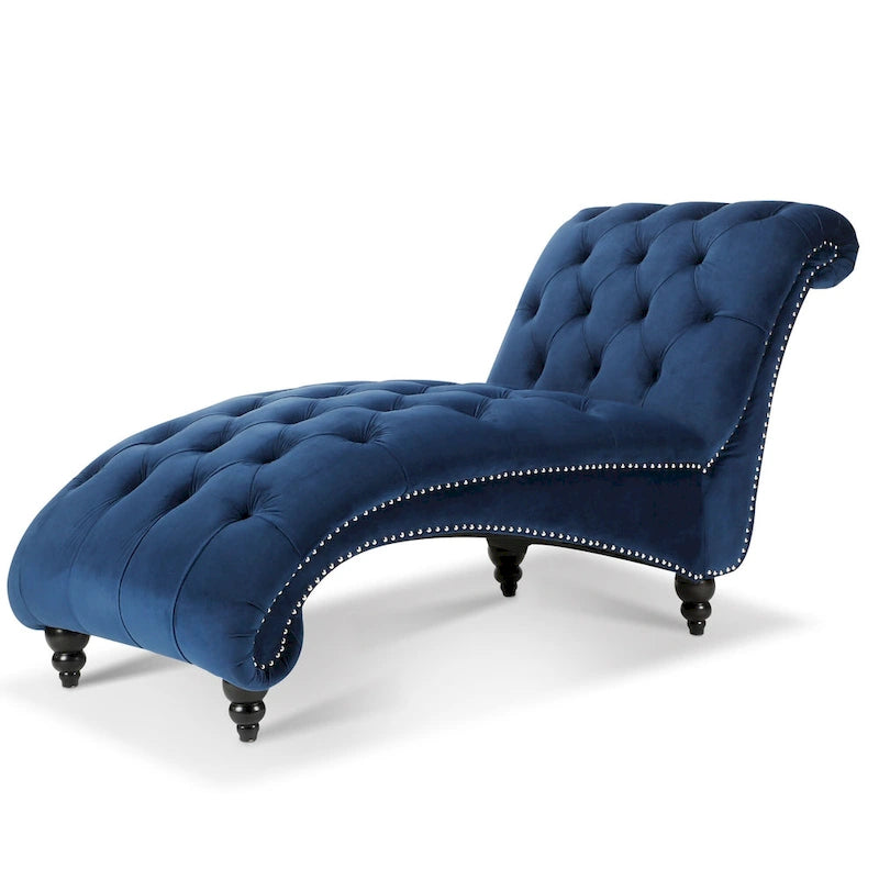 Chaise longue azul con capitoné de botones y ribete de tachuelas