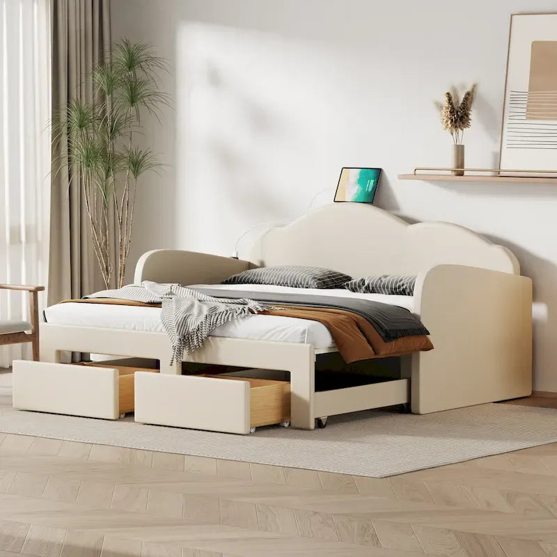 Diván cama individual de terciopelo con respaldo en forma de nube, cama nido y 2 cajones