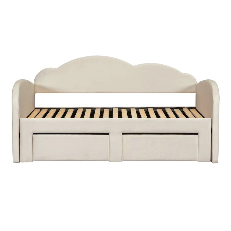 Diván cama individual de terciopelo con respaldo en forma de nube, cama nido y 2 cajones