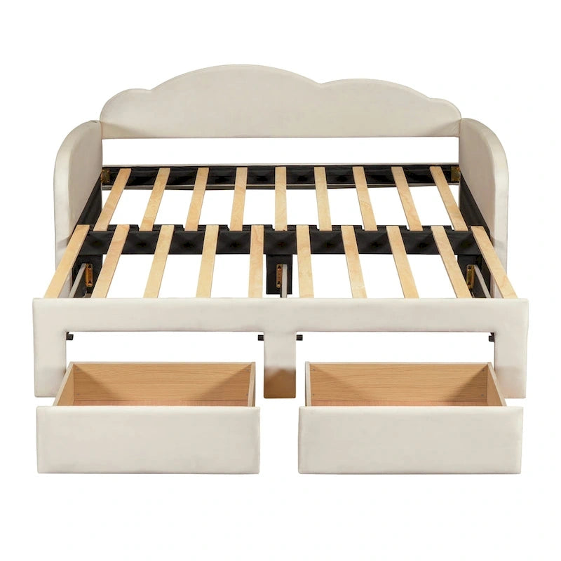 Diván cama individual de terciopelo con respaldo en forma de nube, cama nido y 2 cajones