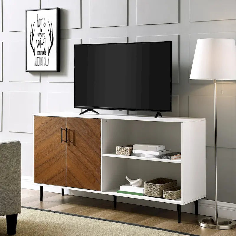 Mueble de TV de dos tonos de 58 pulgadas con puertas de efecto veteado simétrico