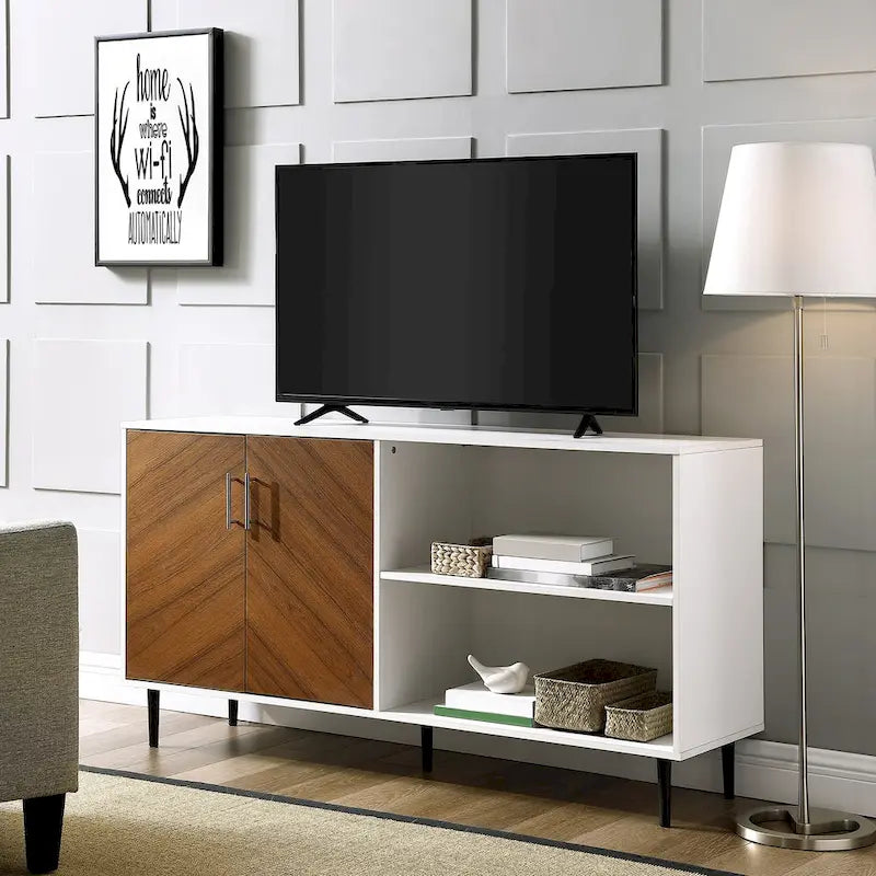 58-Inch Two-Tone TV Stand with Bookmatched-Effect Doors