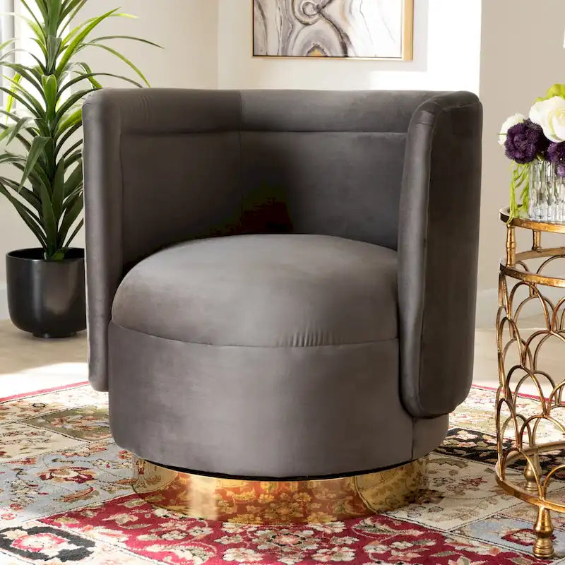 Poltrona decorativa girevole in velluto con base effetto oro