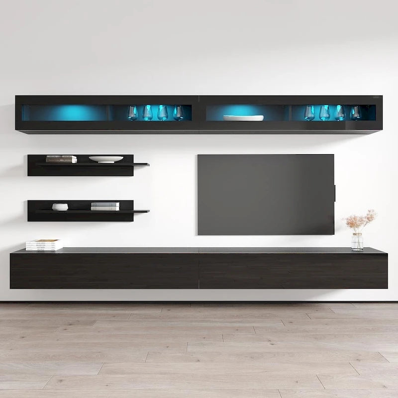 Wandmontiertes Entertainment-Center mit Schränken, Regalen und LED-Beleuchtung