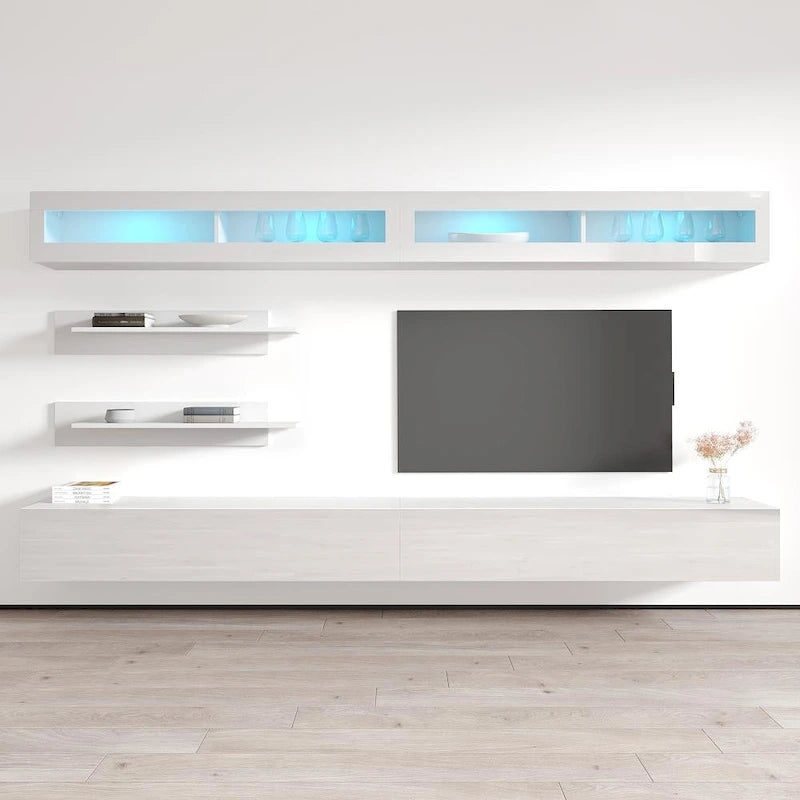 Wandmontiertes Entertainment-Center mit Schränken, Regalen und LED-Beleuchtung