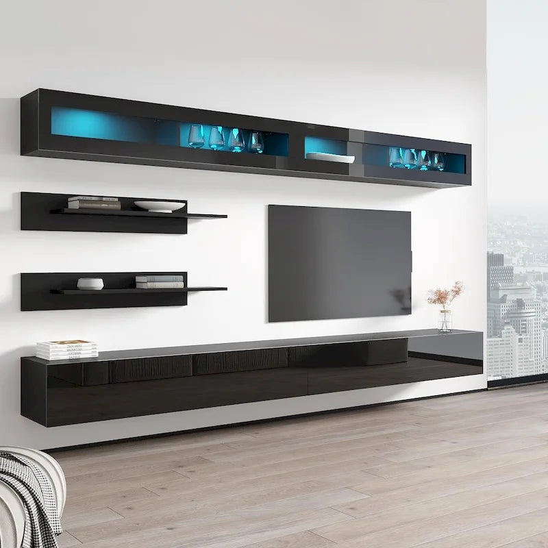 Wandmontiertes Entertainment-Center mit Schränken, Regalen und LED-Beleuchtung