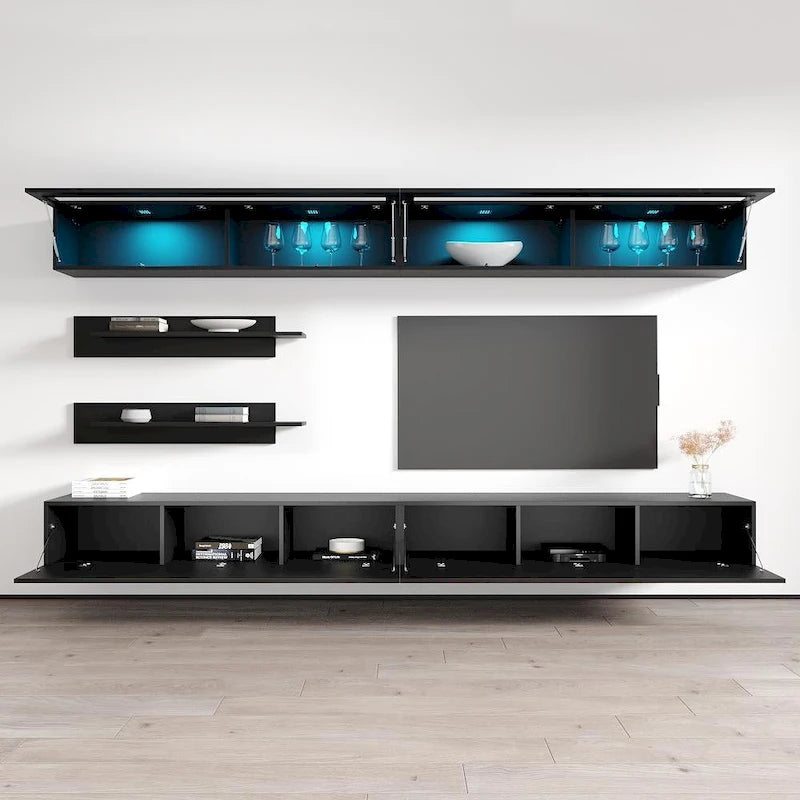 Wandmontiertes Entertainment-Center mit Schränken, Regalen und LED-Beleuchtung