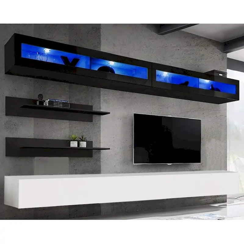 Wandmontiertes Entertainment-Center mit Schränken, Regalen und LED-Beleuchtung