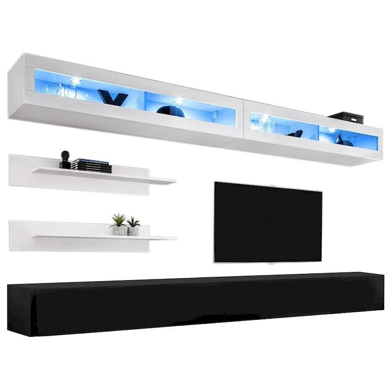 Wandmontiertes Entertainment-Center mit Schränken, Regalen und LED-Beleuchtung