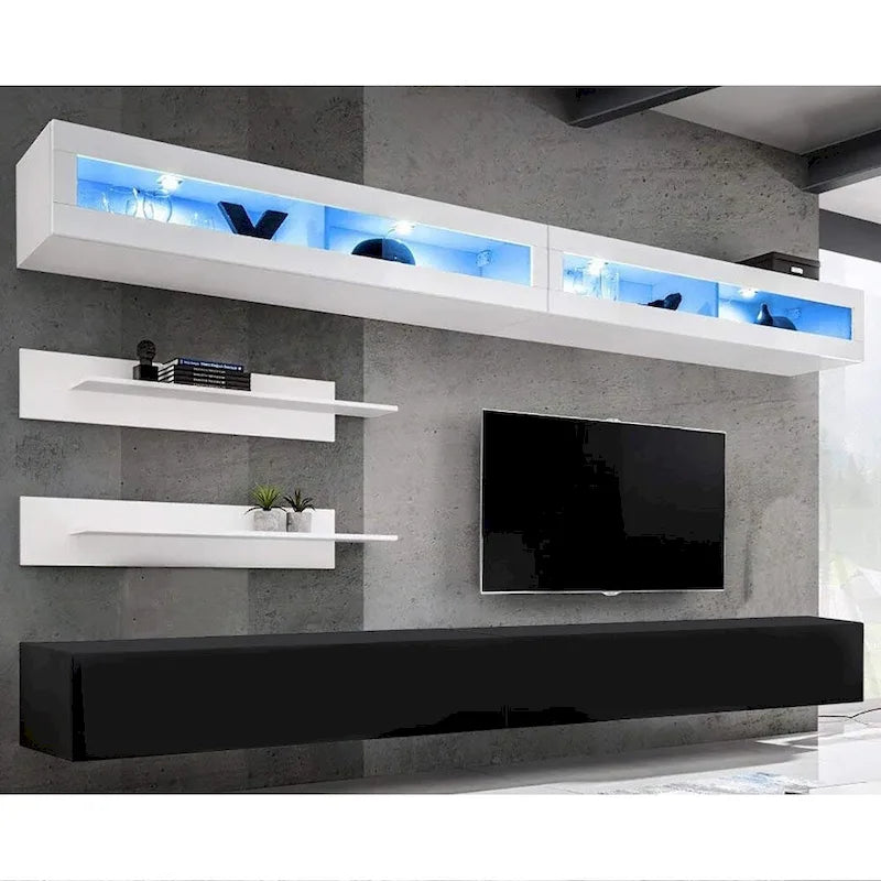Wandmontiertes Entertainment-Center mit Schränken, Regalen und LED-Beleuchtung