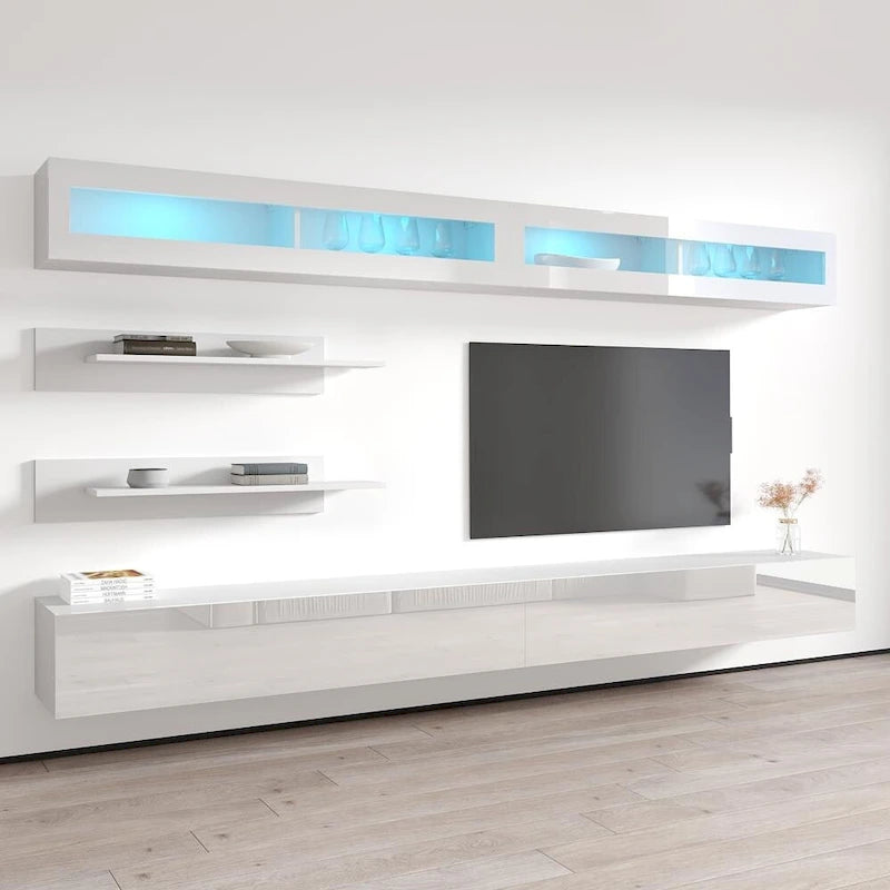 Wandmontiertes Entertainment-Center mit Schränken, Regalen und LED-Beleuchtung