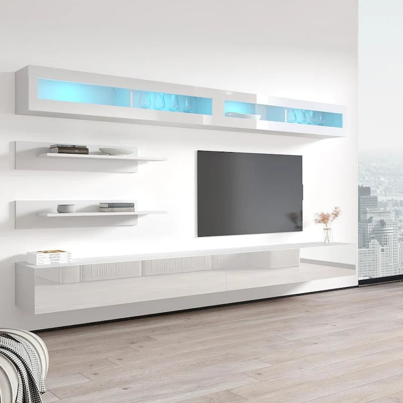 Wandmontiertes Entertainment-Center mit Schränken, Regalen und LED-Beleuchtung