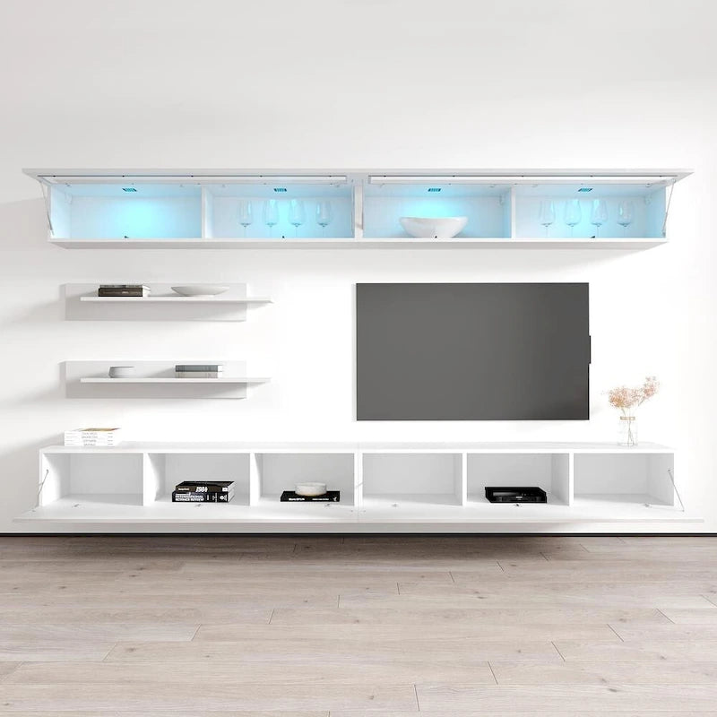 Wandmontiertes Entertainment-Center mit Schränken, Regalen und LED-Beleuchtung