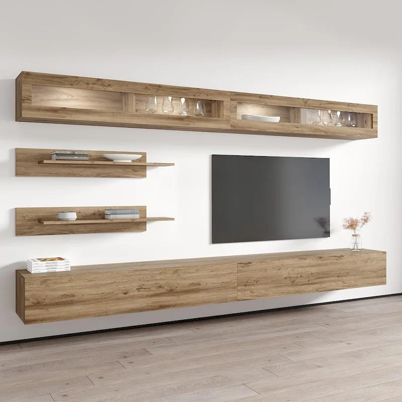 Wandmontiertes Entertainment-Center mit Schränken, Regalen und LED-Beleuchtung