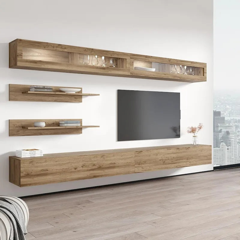 Wandmontiertes Entertainment-Center mit Schränken, Regalen und LED-Beleuchtung