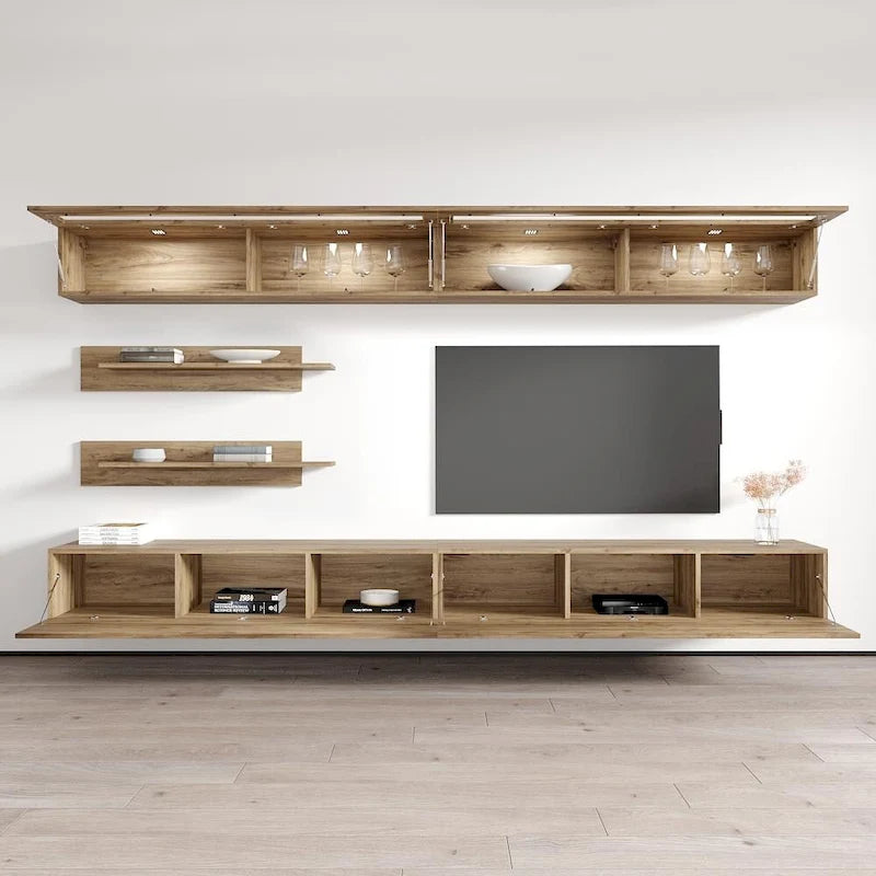 Wandmontiertes Entertainment-Center mit Schränken, Regalen und LED-Beleuchtung