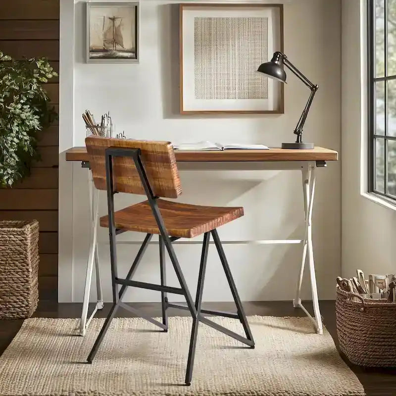 Rustic Wood Counter Stool with Gunmetal Frame and Footrest