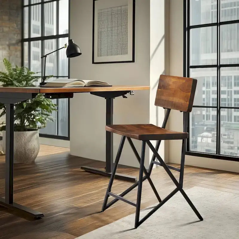 Rustic Wood Counter Stool with Gunmetal Frame and Footrest