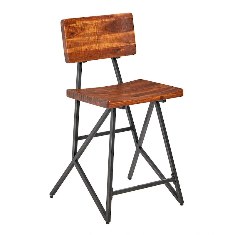 Rustic Wood Counter Stool with Gunmetal Frame and Footrest