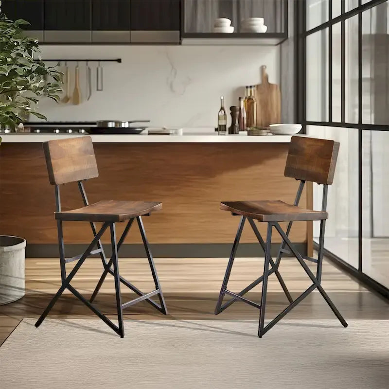 Rustic Wood Counter Stool with Gunmetal Frame and Footrest