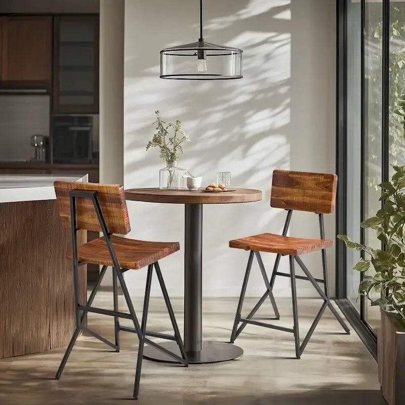 Rustic Wood Counter Stool with Gunmetal Frame and Footrest