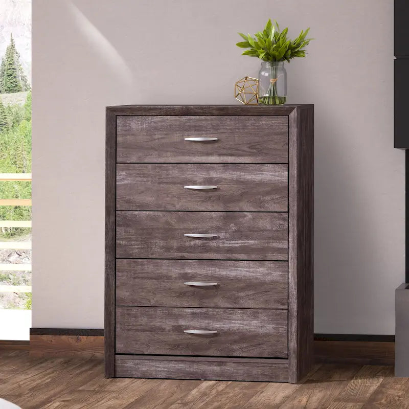 Cómoda alta de cinco cajones de estilo moderno de mediados de siglo con acabado efecto madera