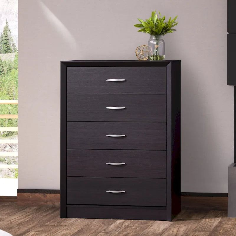 Cómoda alta de cinco cajones de estilo moderno de mediados de siglo con acabado efecto madera